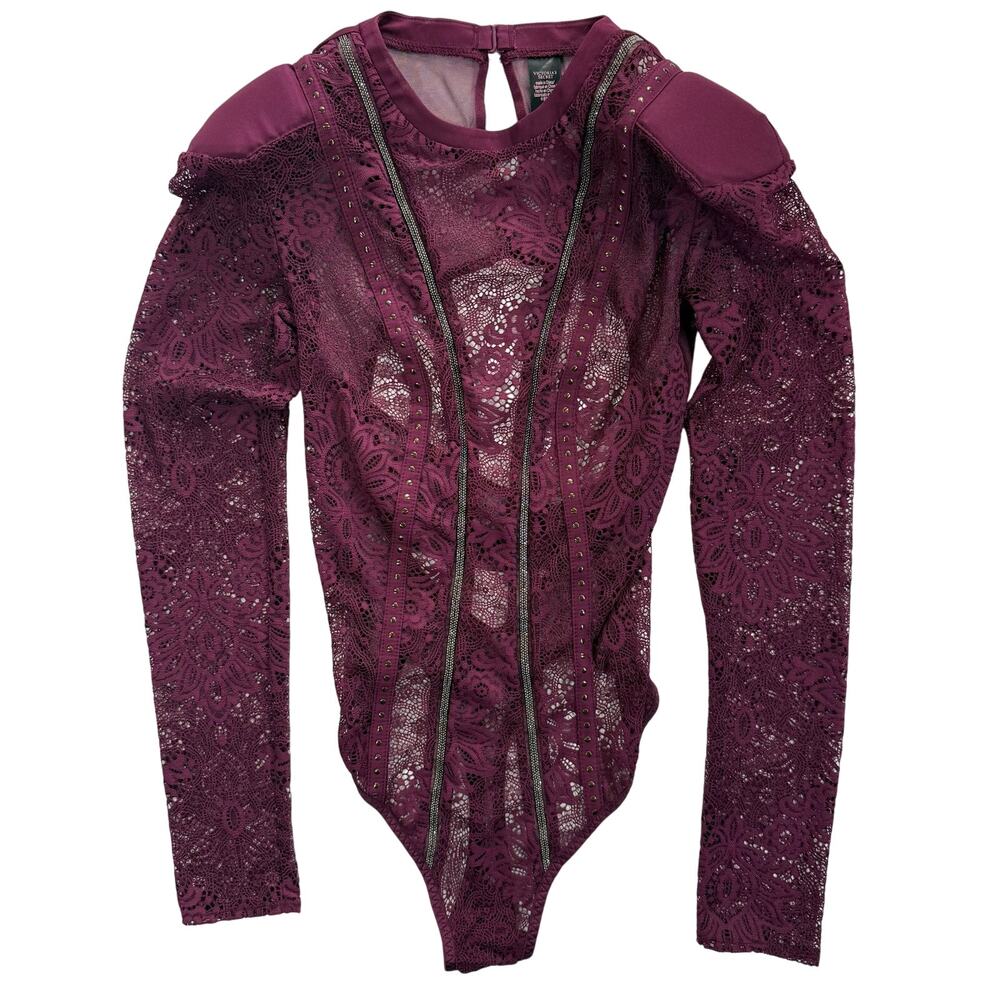 Victoria’s Secret Women’s XS Bodysuit Maroon Lace Long Sleeve Thong Sexy